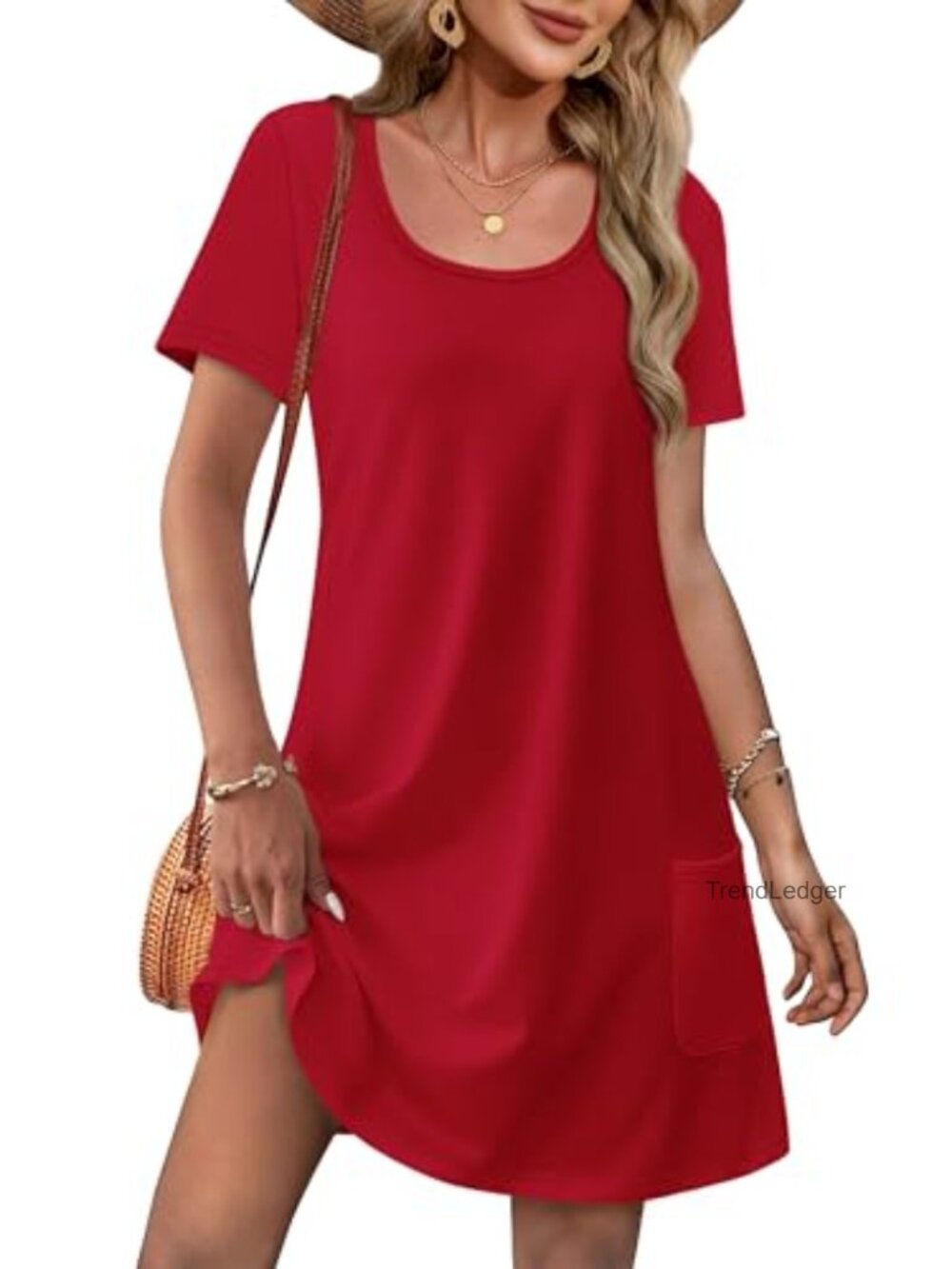 Loose Fit U-Neck Short Sleeve Casual T-Shirt Dress with Pockets
